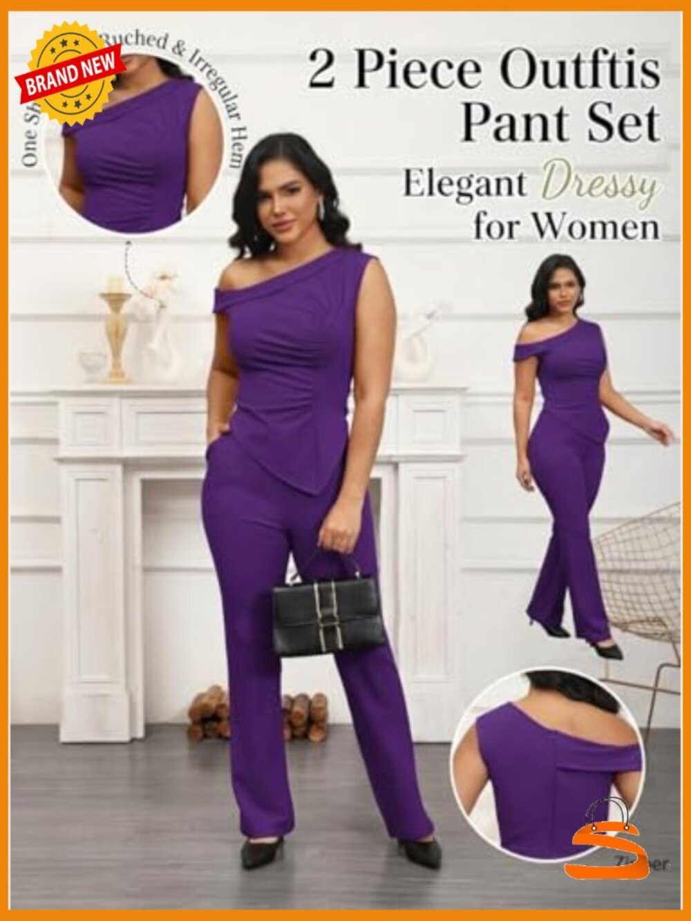 2 Piece Outfits One Shoulder Ruched Top & Long Pant Set Sleeveless - Picture 6 of 7